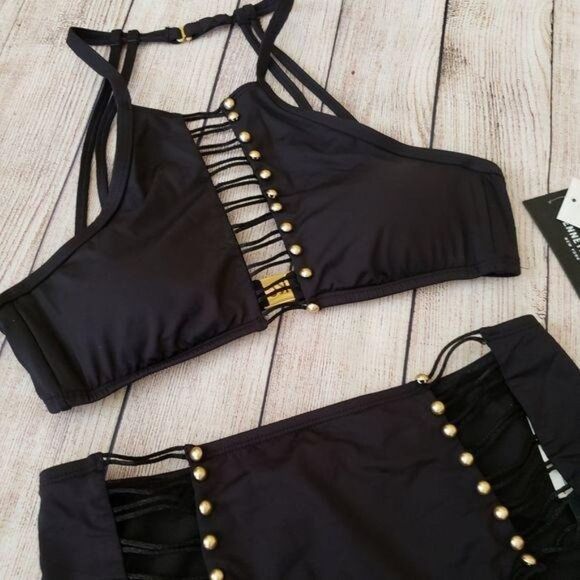 Kenneth Cole High Neck Cutout Bikini Top and Bottom Set Women's Size Small Black - Picture 6 of 12